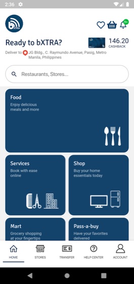 Real bXTRA PH app home screen: cashback balance on top, Food, Services, Shop and Mart categories