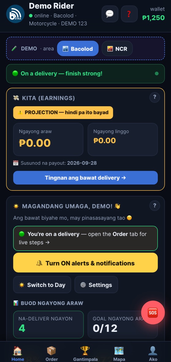 The live bXTRA rider cockpit — earnings, live delivery status, daily goals, coaching and SOS, shown for a demo rider