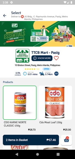 A real partner storefront inside the bXTRA PH app — 2.5% cashback badge, products, basket and delivery distance