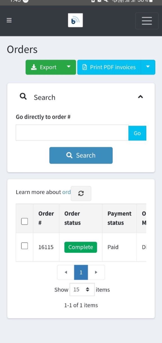 Real bXTRA PH Vendor app orders screen — order marked Complete and Paid, with export and PDF invoice buttons