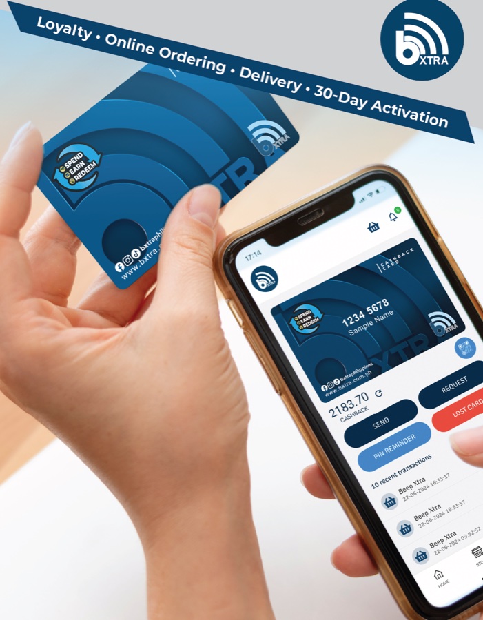 The real bXTRA Cashback Card held in hand beside the bXTRA PH app showing the same card digitally — from bXTRA's official partner materials
