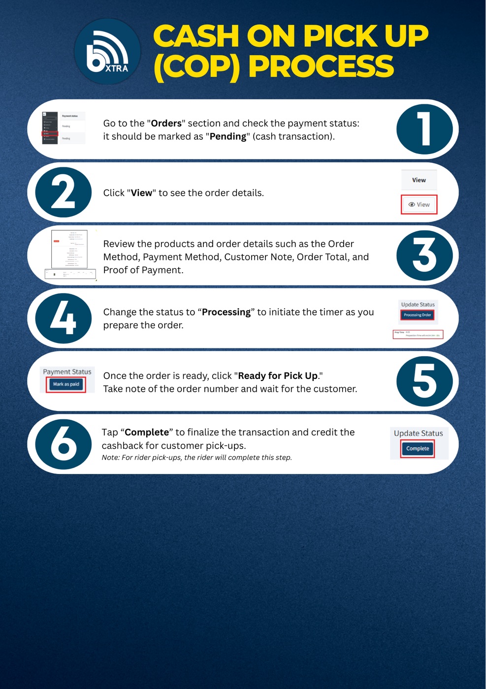 Official cash-on-pick-up process guide sheet