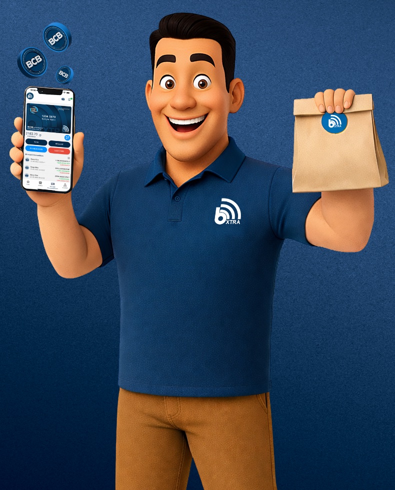 The bXTRA mascot holding the bXTRA PH app and a delivery bag, with BCB coins floating around him