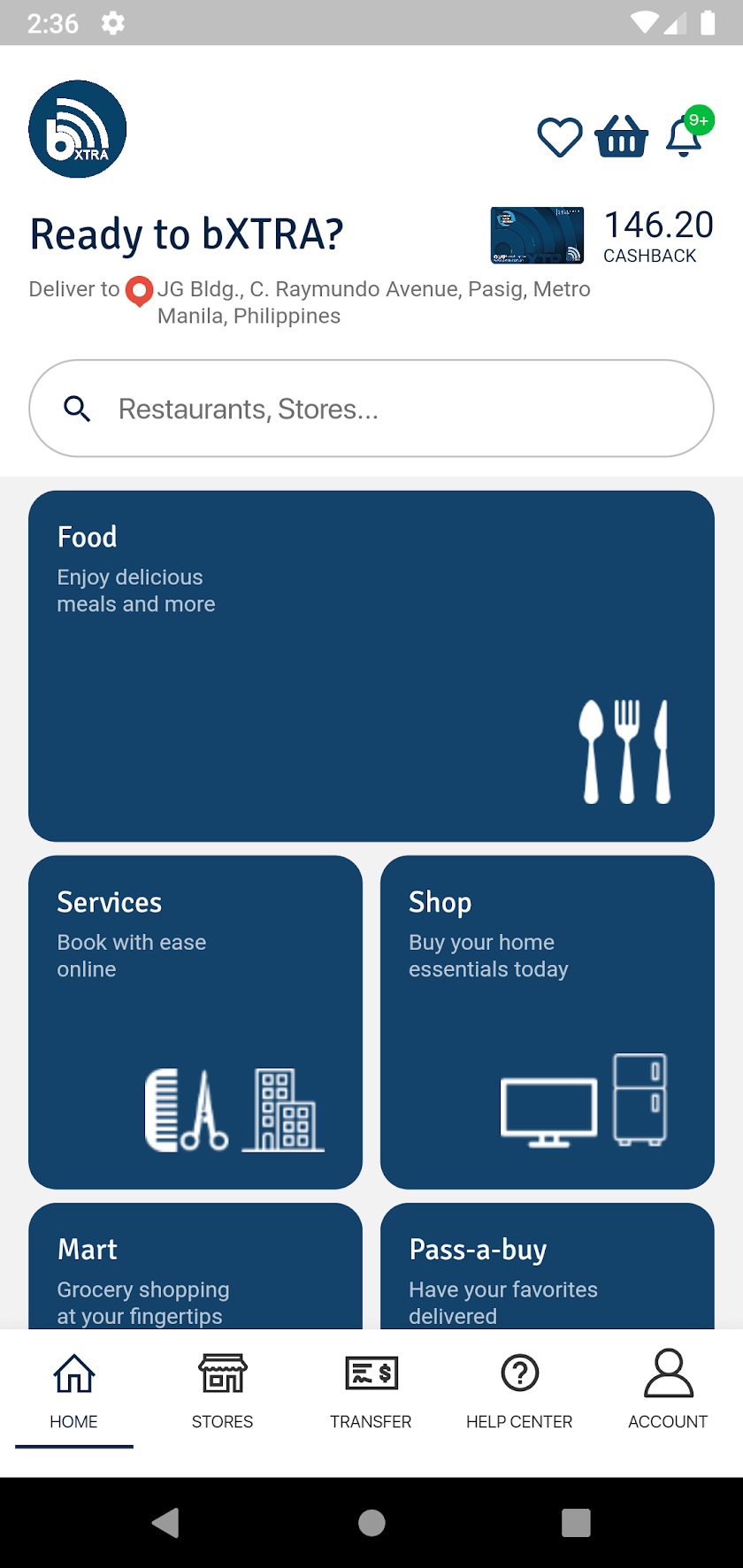 bXTRA PH home screen — cashback balance and categories