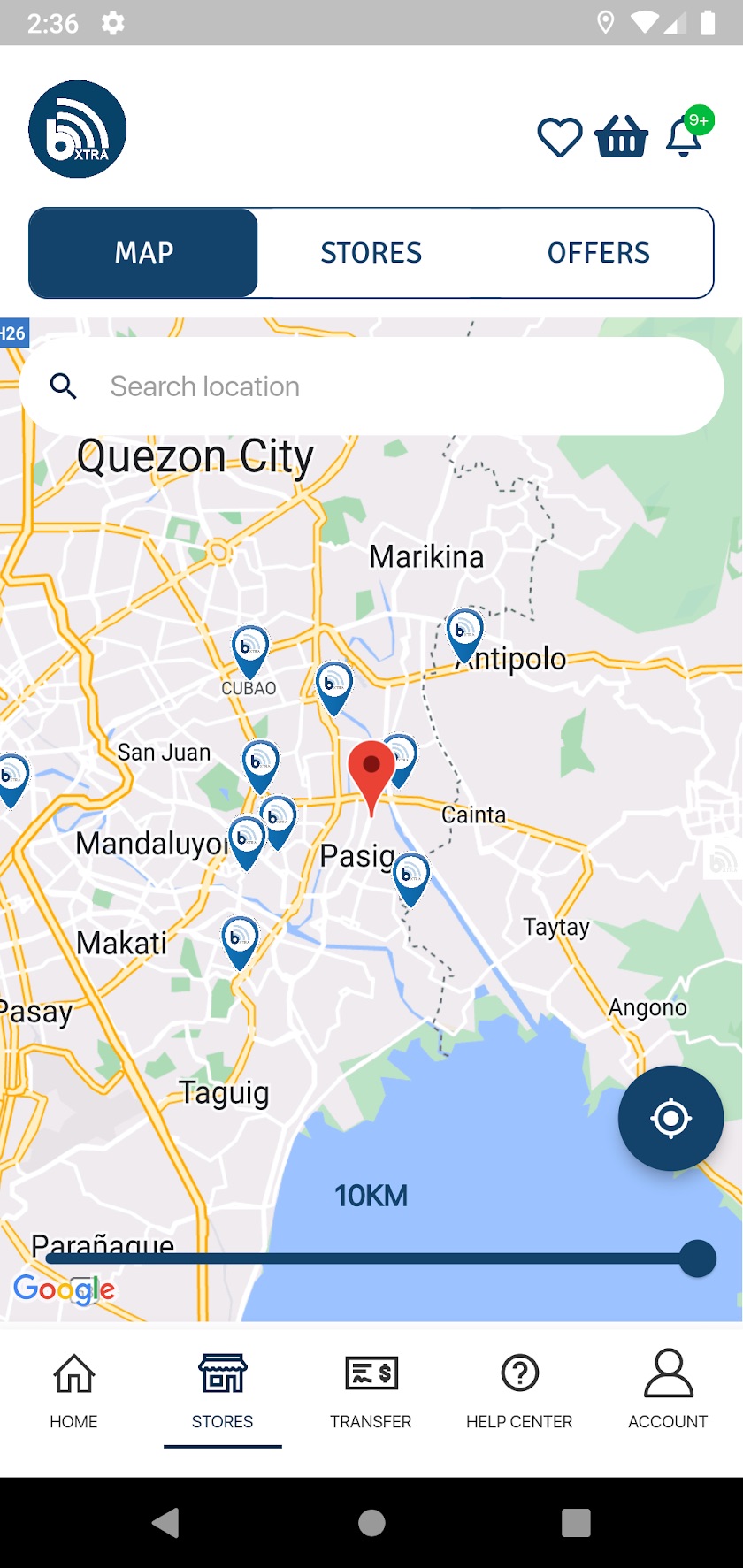 Stores map — every pin is a partner store within 10 km