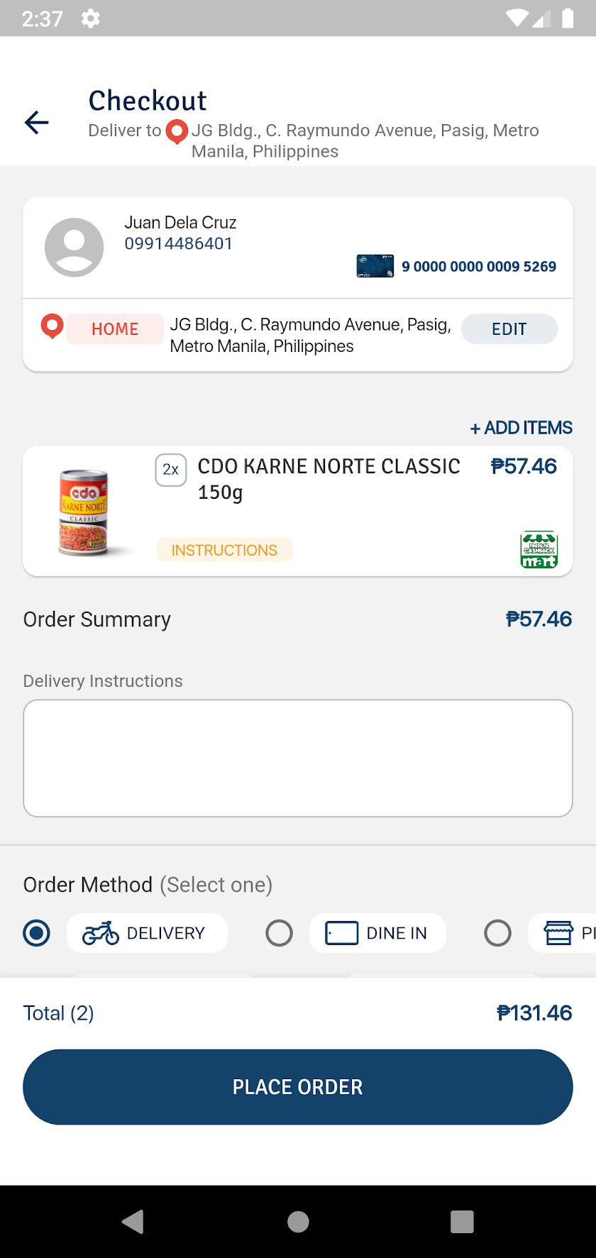 Checkout — order summary, delivery method, Place Order